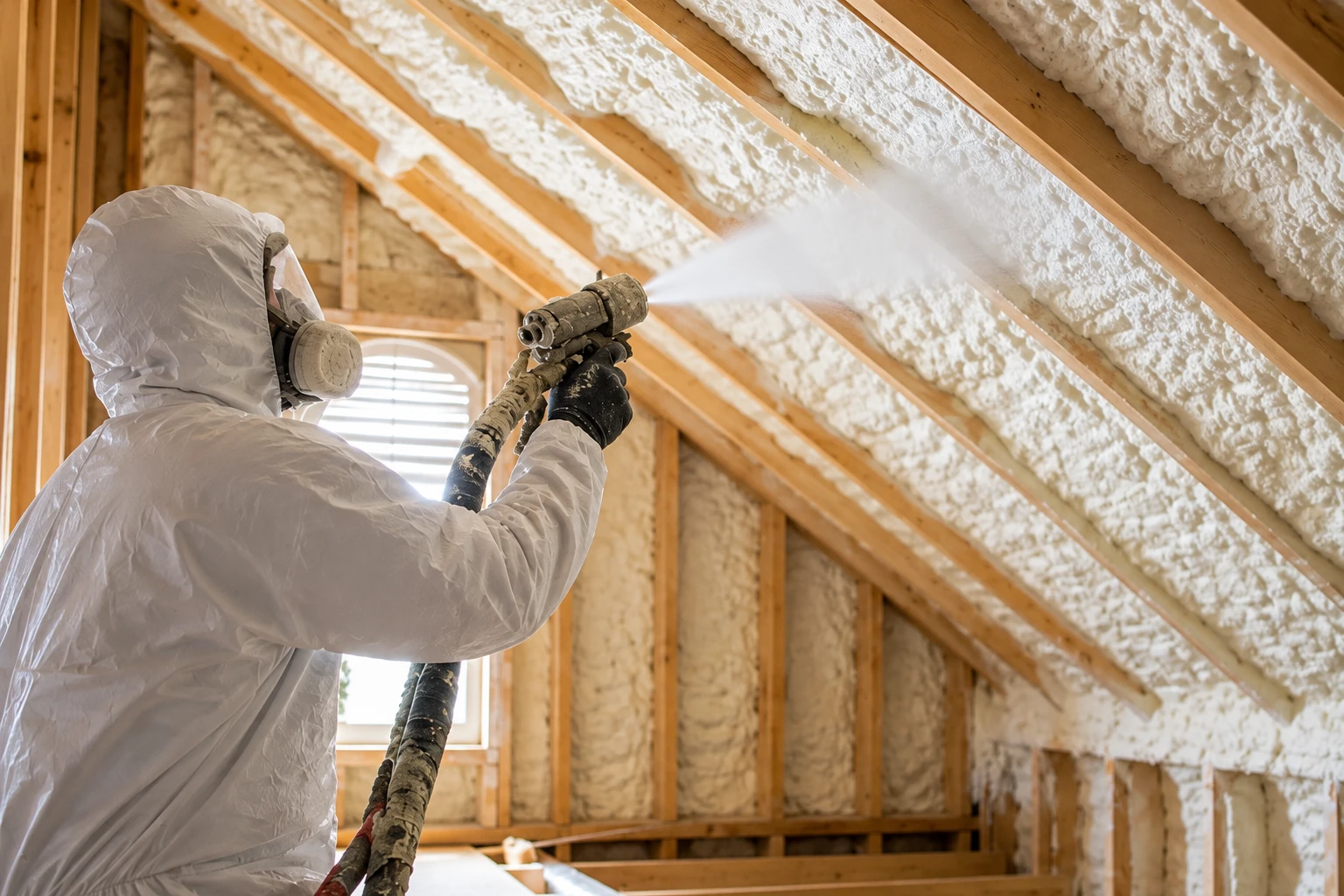 A worker in protective clothing sprays white foam insulation onto the sloped rafters of an unfinished attic.