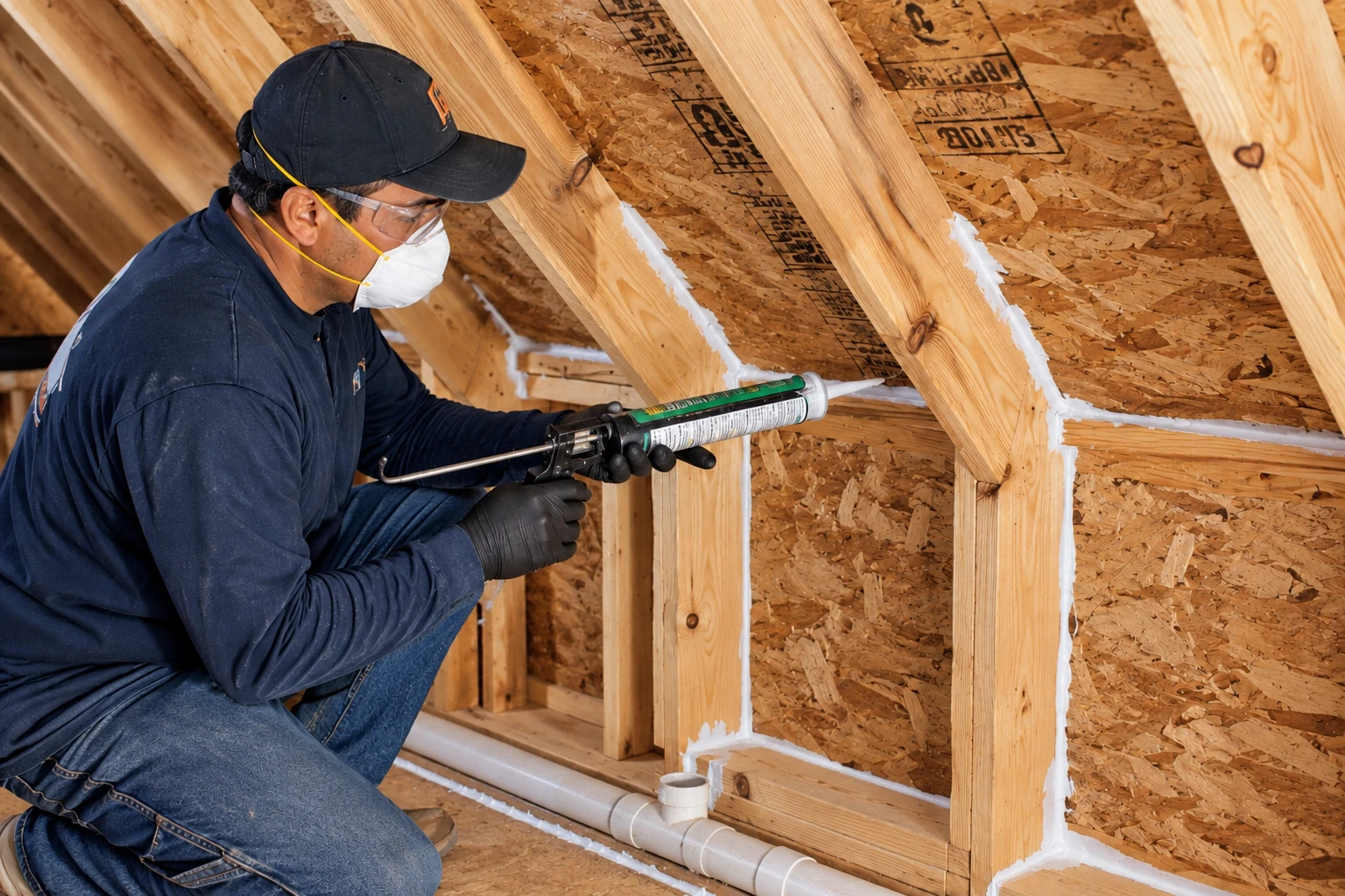 Worker wearing a respirator and safety glasses applies sealant with a caulking gun to joints in an attic roof frame.