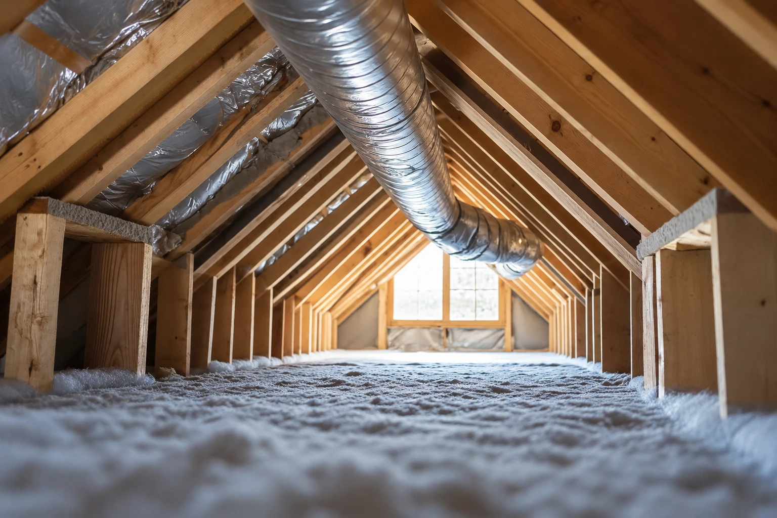 An unfinished attic has loose insulation across the floor beneath exposed wooden rafters and a large silver ventilation duct.