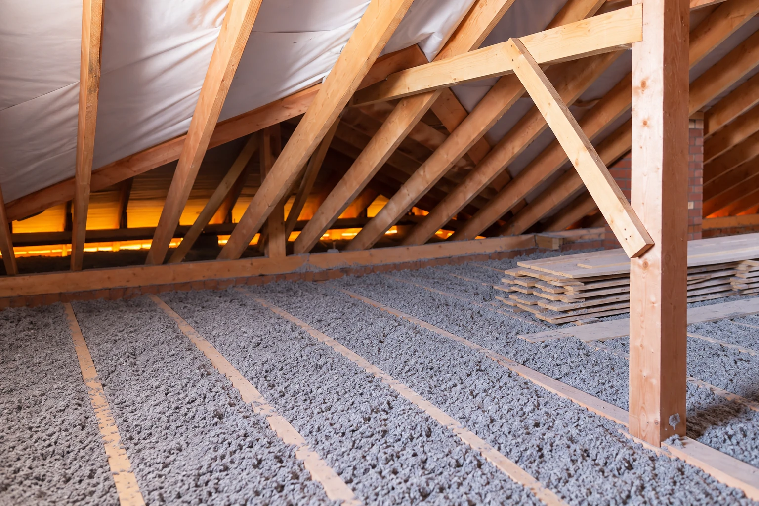 Attic floor covered with loose gray insulation beneath exposed wooden rafters, with boards stacked at the side.