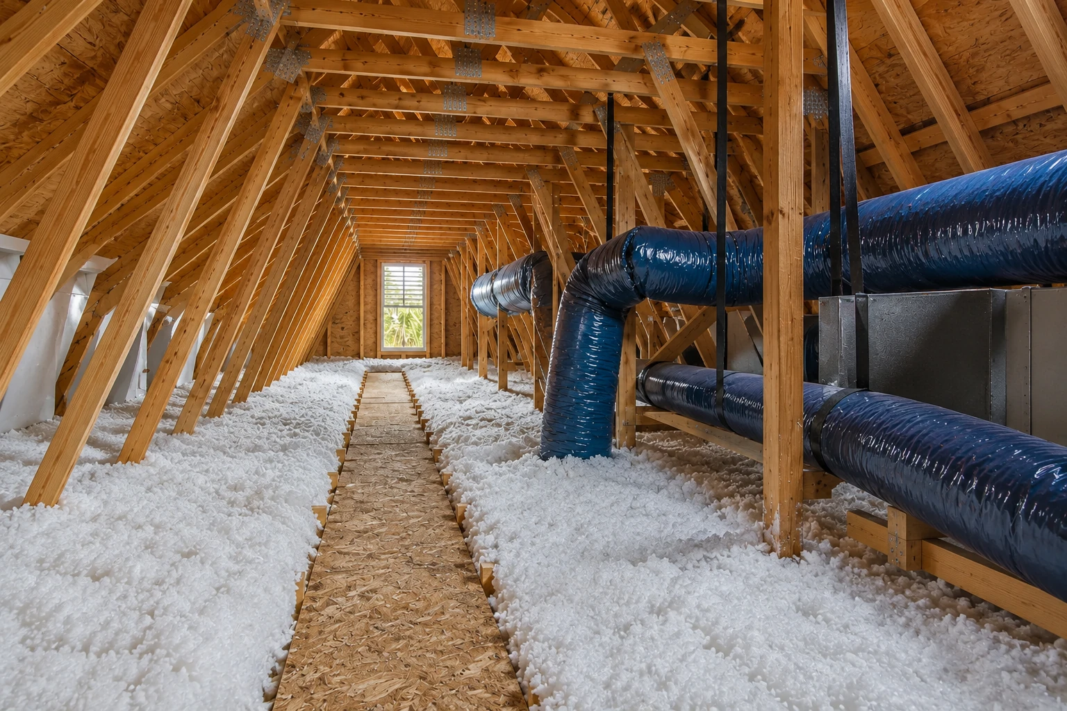 An attic with white blown-in insulation covering the floor, a narrow walkway, exposed rafters, and large blue ducts.