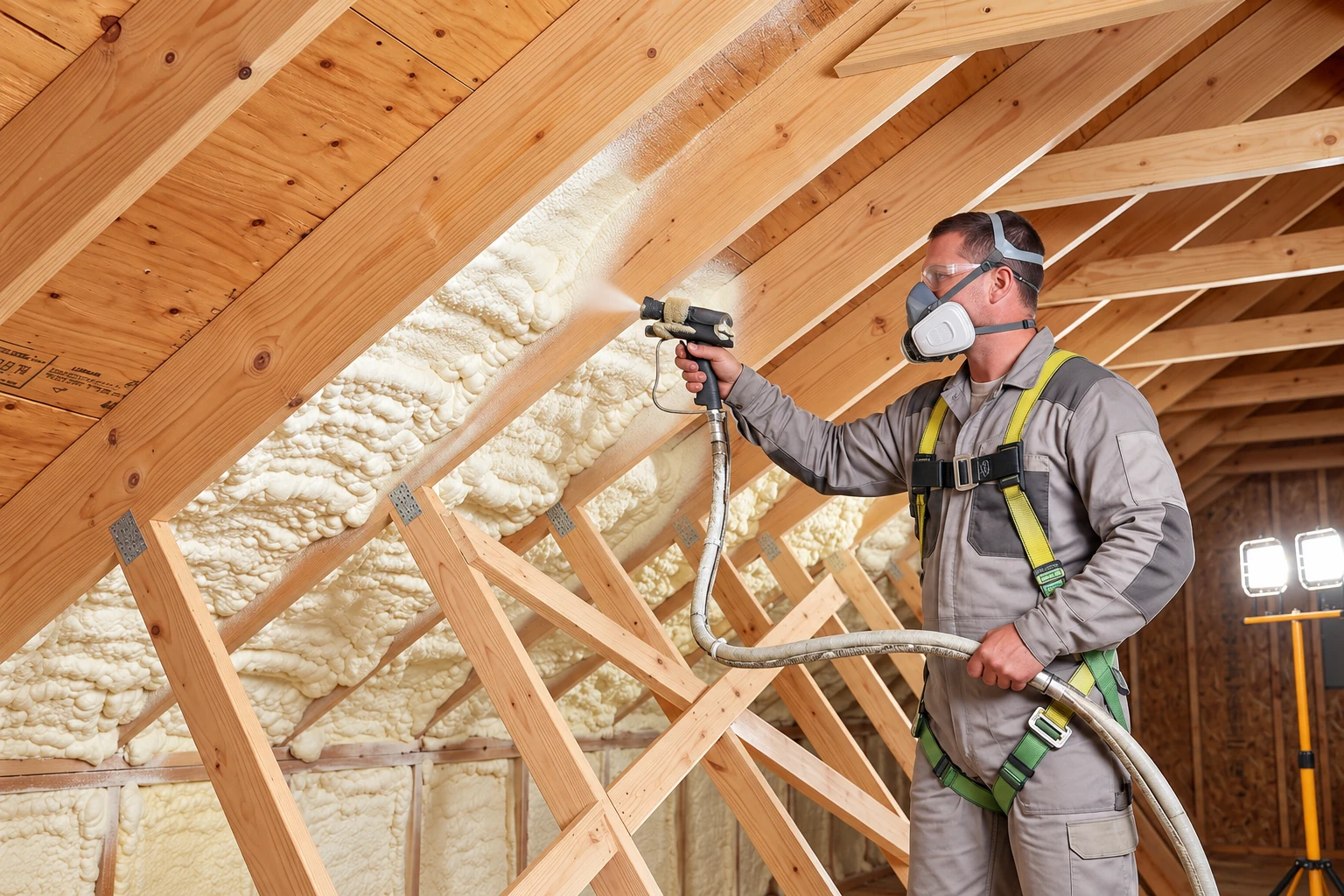 Insulation worker wearing a respirator sprays foam into roof cavities between exposed wooden rafters.