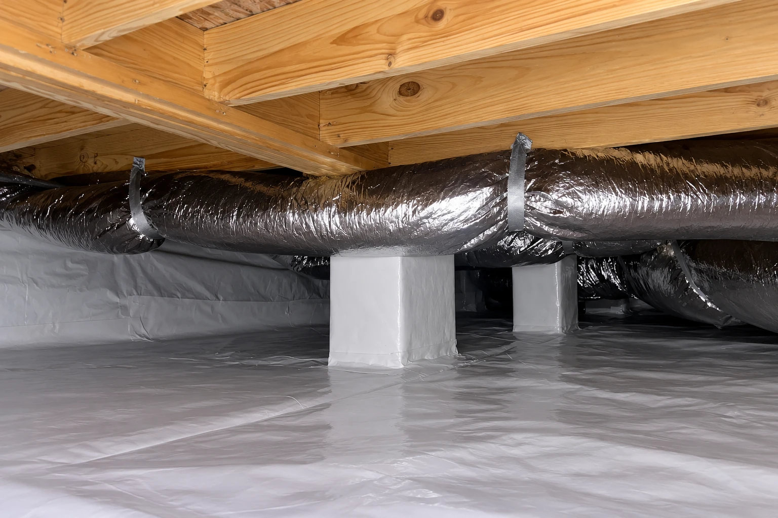Crawl space with silver-wrapped ducts above a floor covered in white vapor barrier and wooden joists overhead.