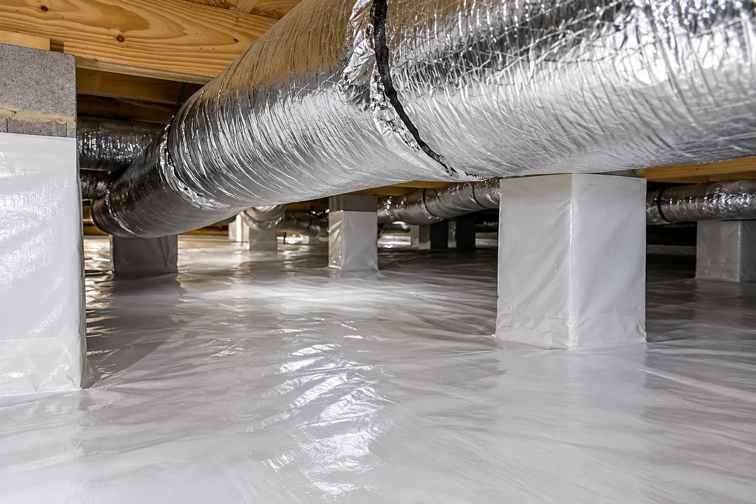 A crawl space has a white vapor barrier across the floor and wrapped support posts beneath large silver ducts.