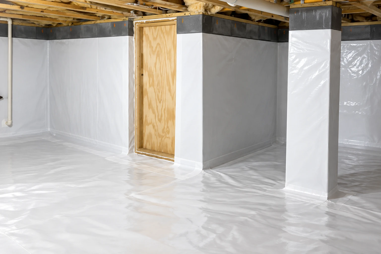 A crawl space floor and foundation walls are covered with a white vapor barrier around a wooden access door and support columns.