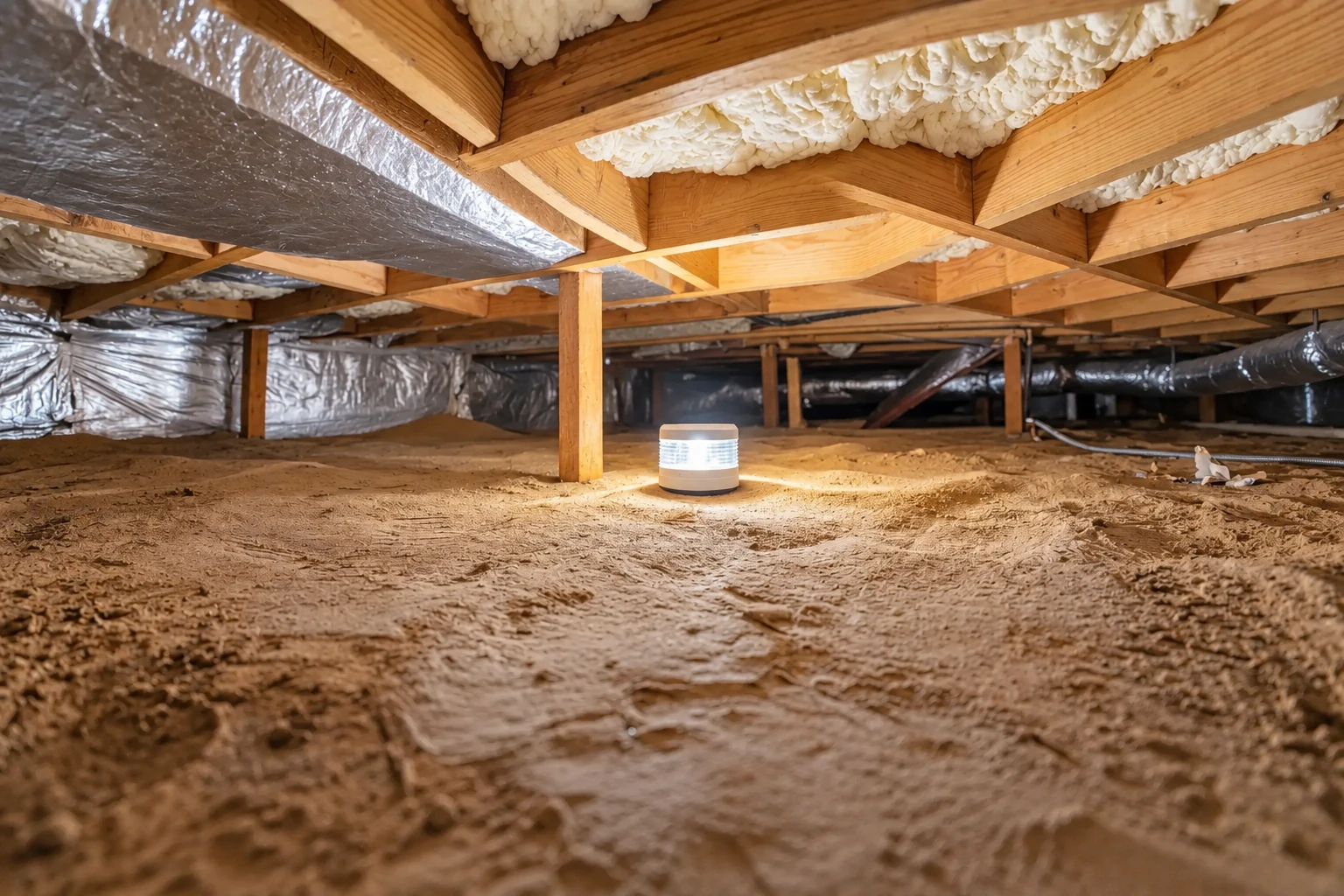 Crawl space with exposed dirt floor, reflective insulation and foam between wooden joists; a small device sits near the center.