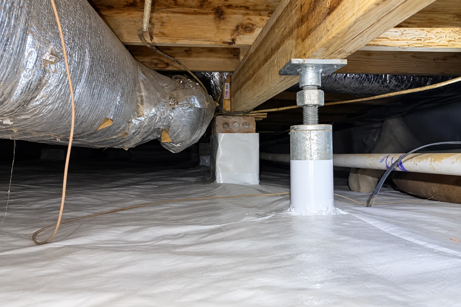 A crawl space has a white vapor barrier covering the floor beneath wooden beams and foil-wrapped ducts.