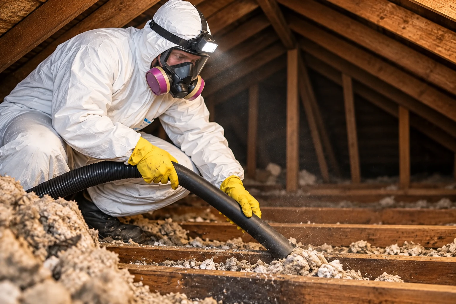 A worker in protective coveralls, mask, and gloves vacuums loose attic insulation through a hose.