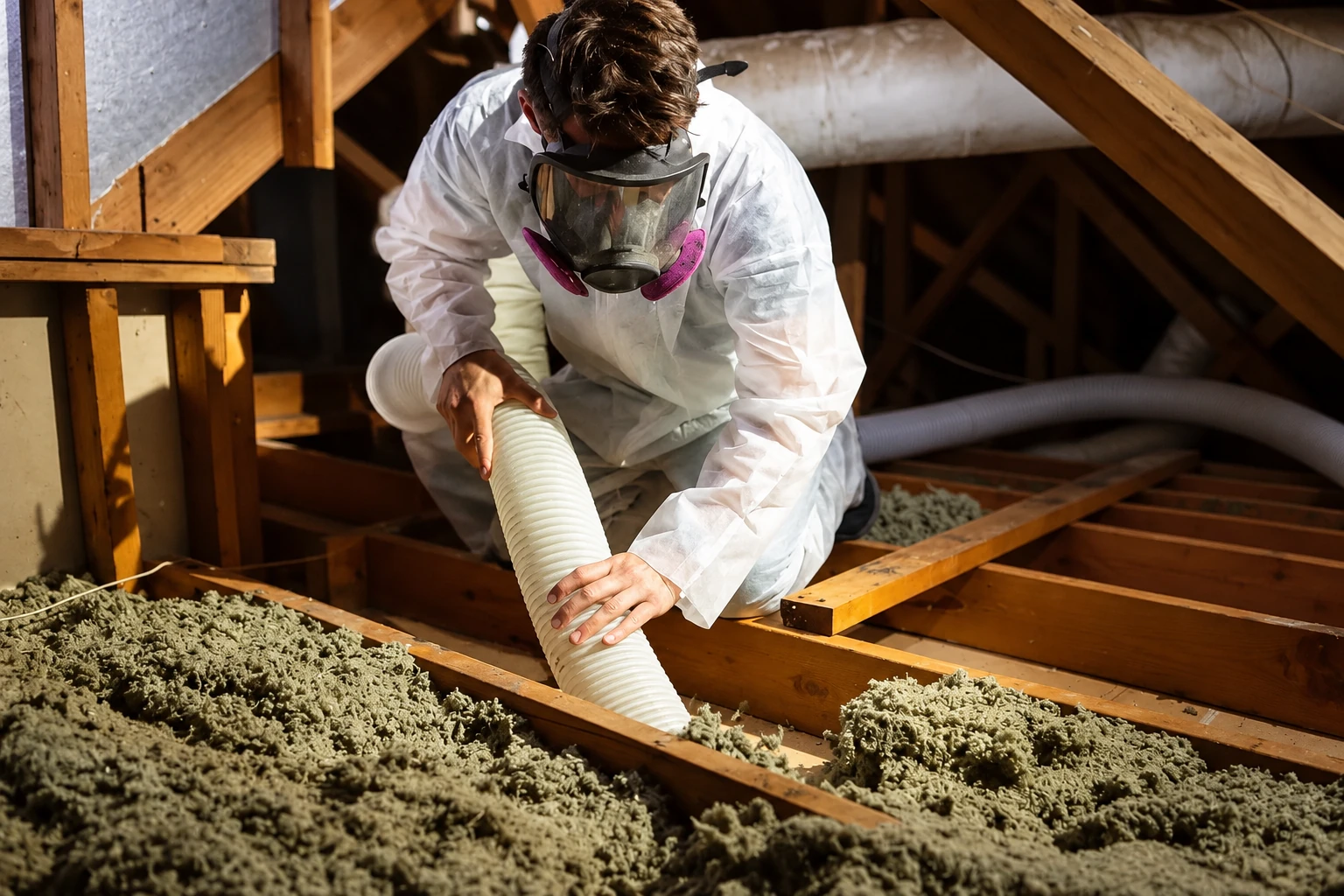 Worker in protective clothing vacuums loose attic insulation through a large hose between wooden joists.