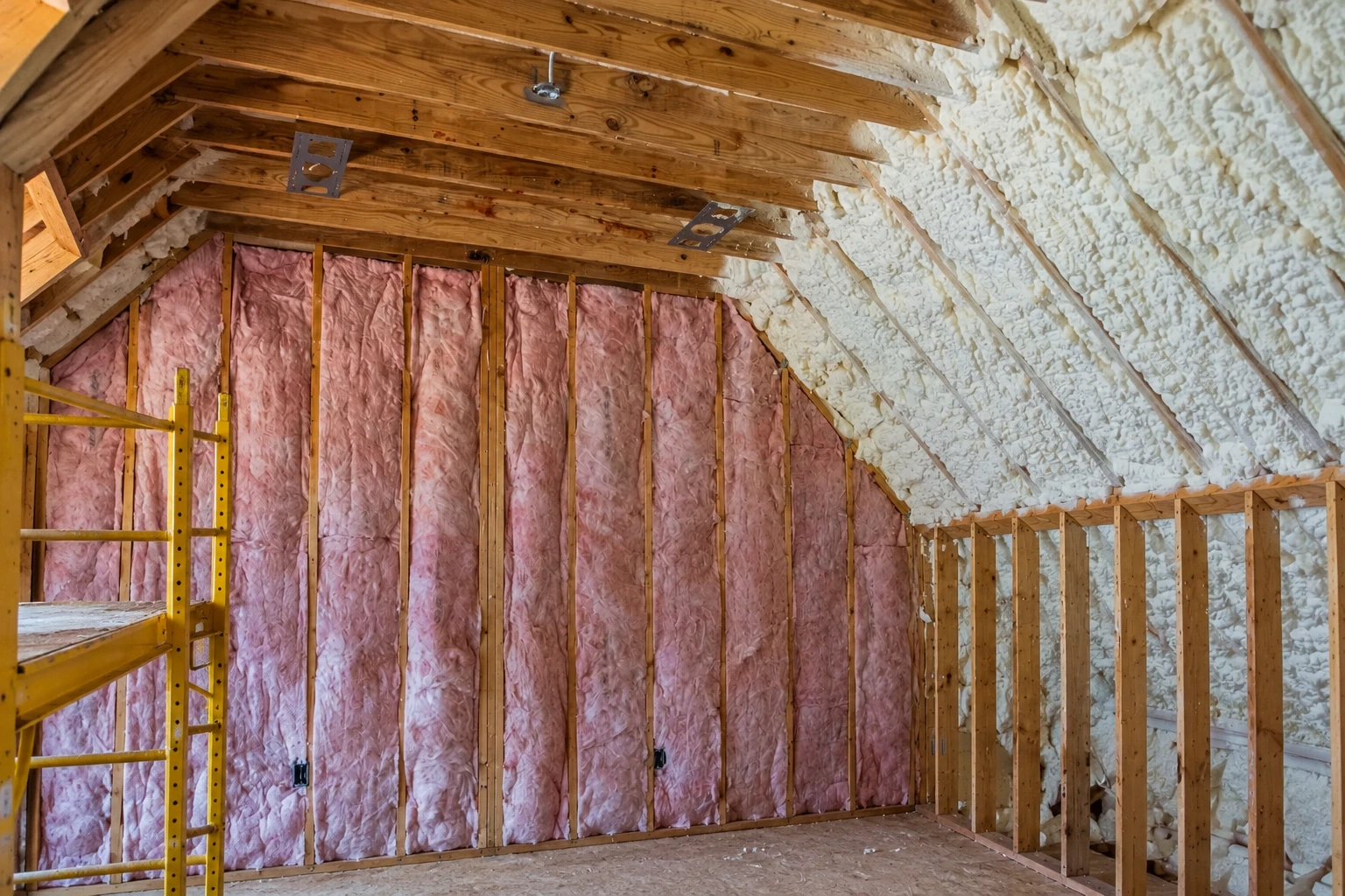 Pink fiberglass batts fill the wall framing beneath a timber attic roof, where white spray foam coats the sloped roof bays.
