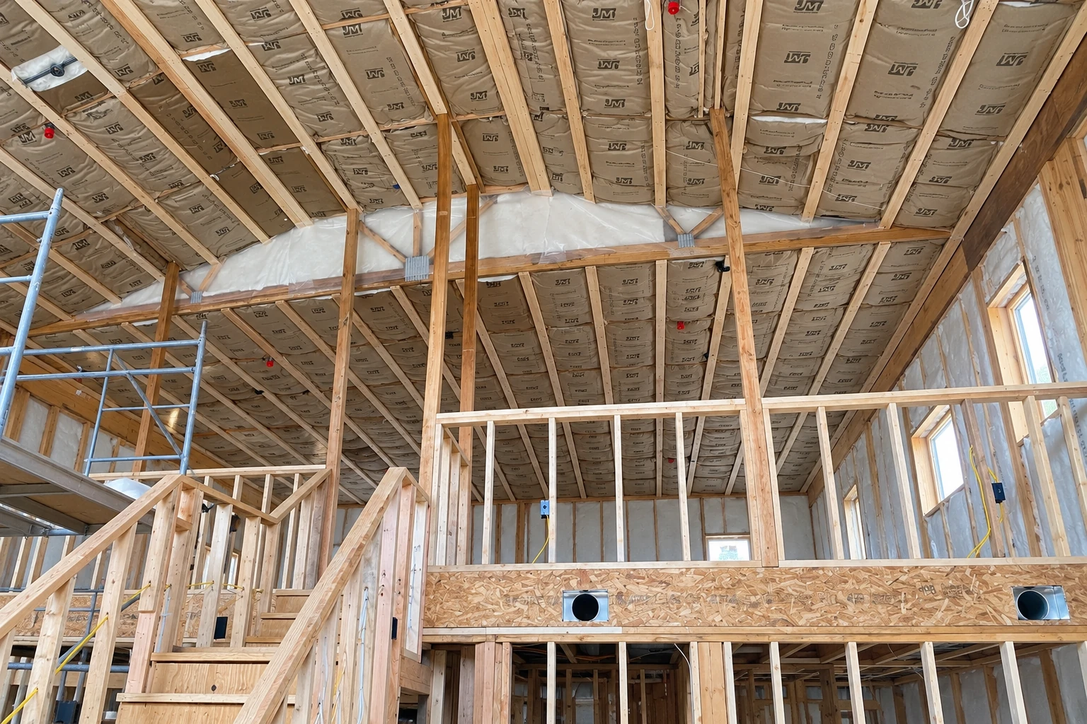 Attic insulation fills the roof bays of a timber-framed house under construction, with exposed framing and a scaffold below.