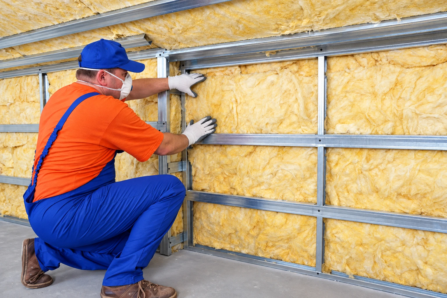 A worker in protective gear fits yellow fiberglass insulation into a metal-framed wall.