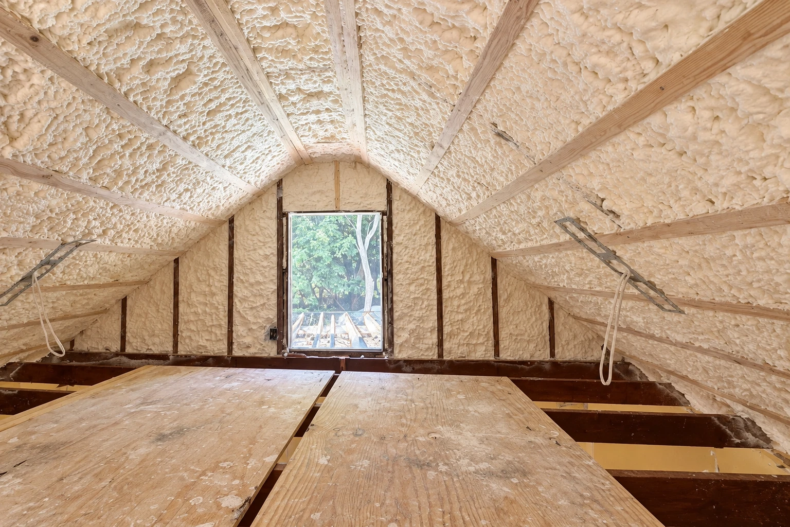 Attic rafters and walls coated in cream-colored spray foam insulation around a small window.