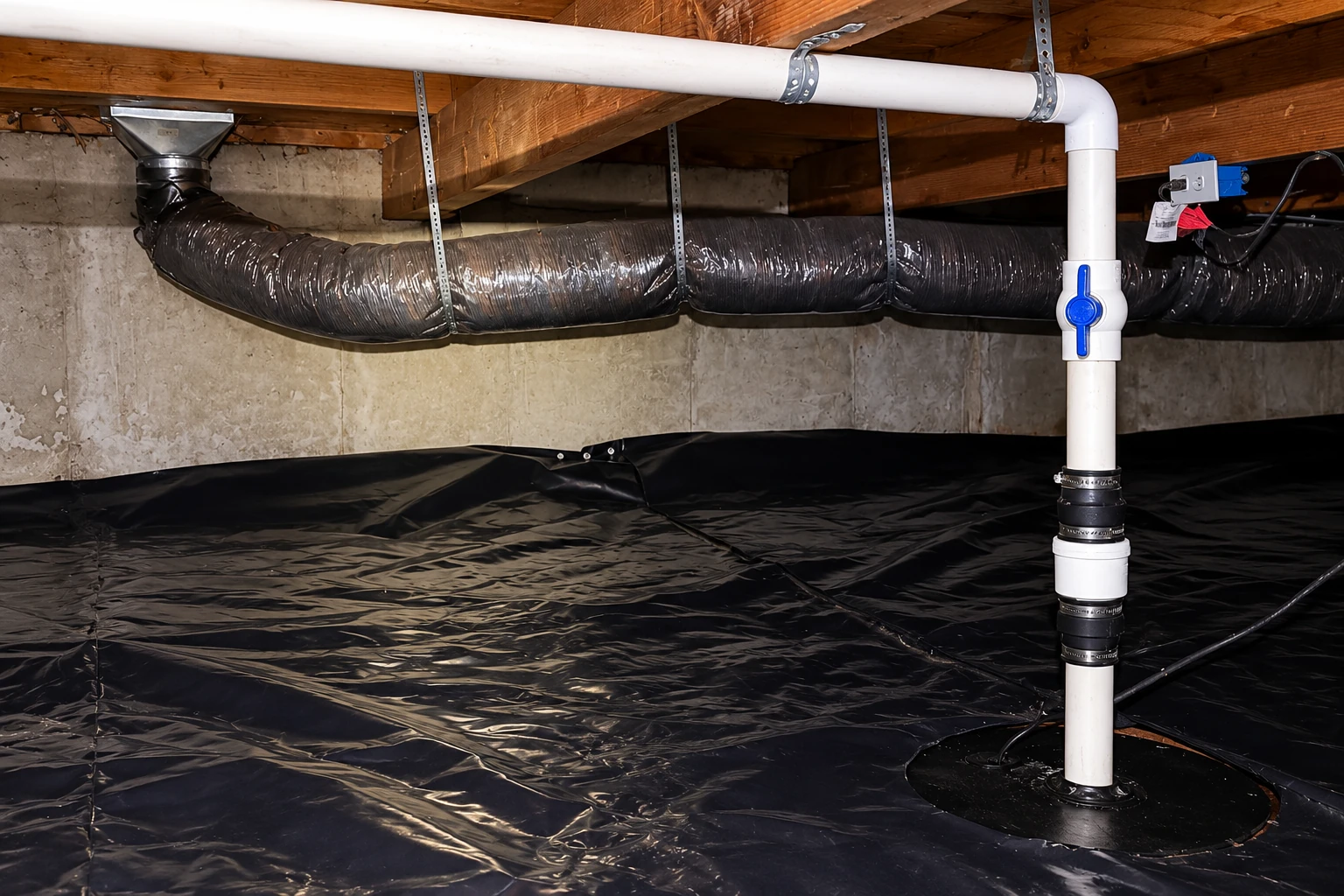 Black vapor-barrier sheeting covers a crawl space floor around a white pipe, with a large flexible duct overhead.