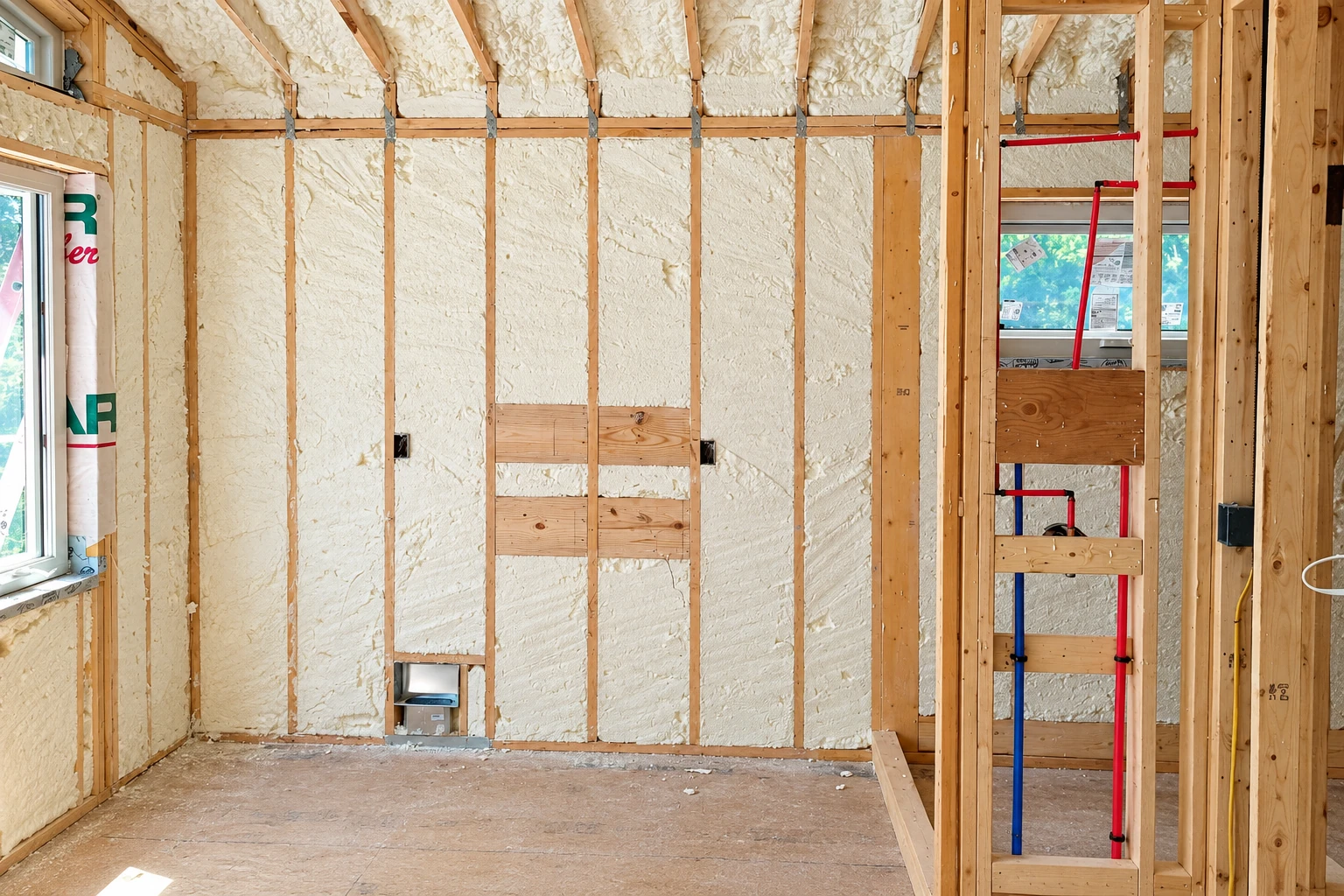 Unfinished room with cream spray foam insulation between exposed wooden wall studs and plumbing pipes at right.